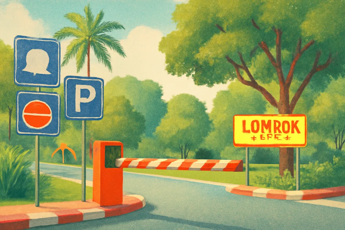 Ilustrasi AI kawasan parkir wisata di Lombok dengan suasana kota dan taman terbuka
