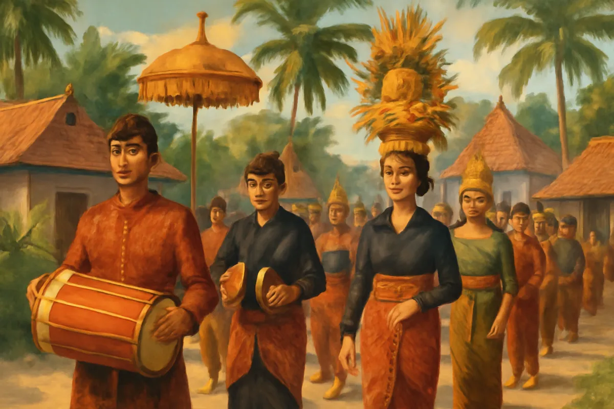 Ilustrasi AI kirab budaya di Lombok Tengah dengan nuansa tradisional dan suasana wisata