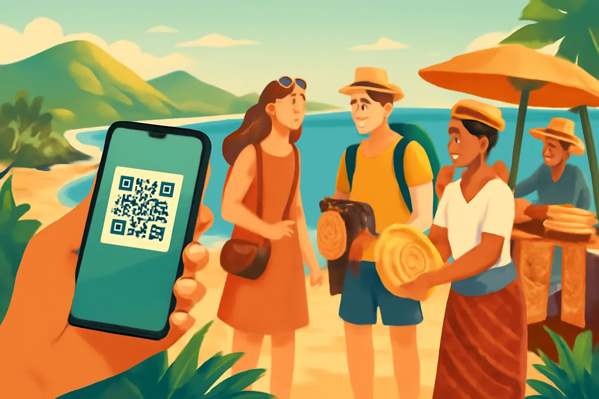 Ilustrasi AI tentang pembayaran digital wisata di kawasan Lombok dengan nuansa Mandalika