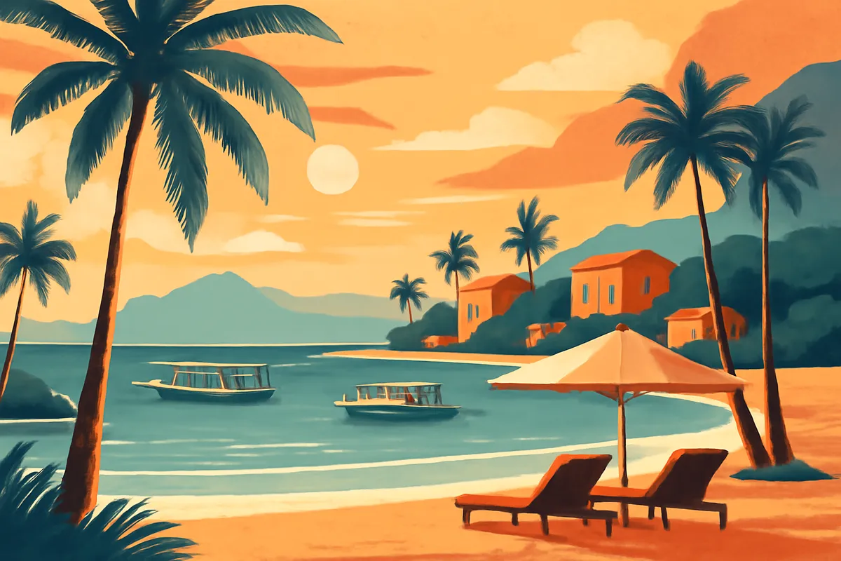 Ilustrasi AI suasana wisata Gili Matra di Lombok dengan laut, perahu kecil, dan siluet penginapan