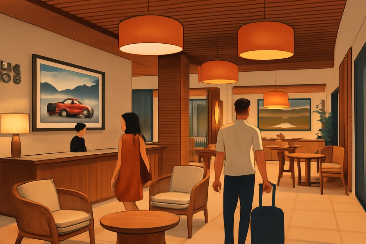 Ilustrasi AI hotel modern di Lombok dengan nuansa dekorasi bertema olahraga balap