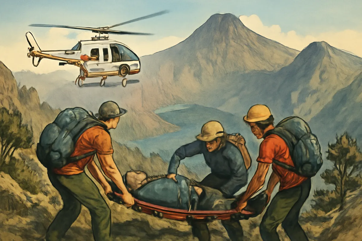 Ilustrasi AI evakuasi pendaki di Gunung Rinjani dengan helikopter