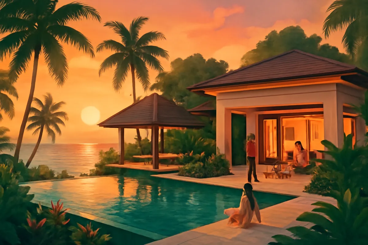 Ilustrasi AI vila tepi pantai mewah di Senggigi, Lombok, dengan kolam renang pribadi dan suasana liburan tenang