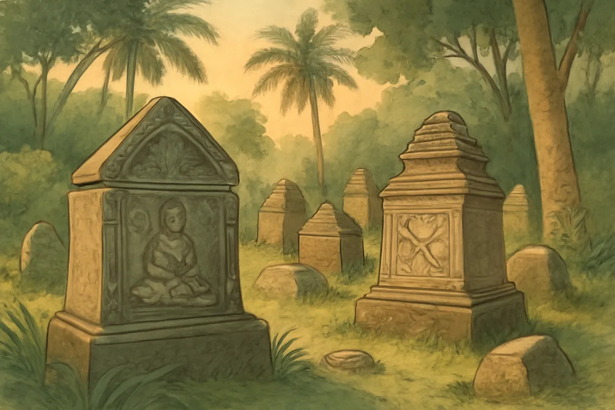 Ilustrasi AI nisan kuno berhias di Lombok dengan nuansa budaya dan arkeologi