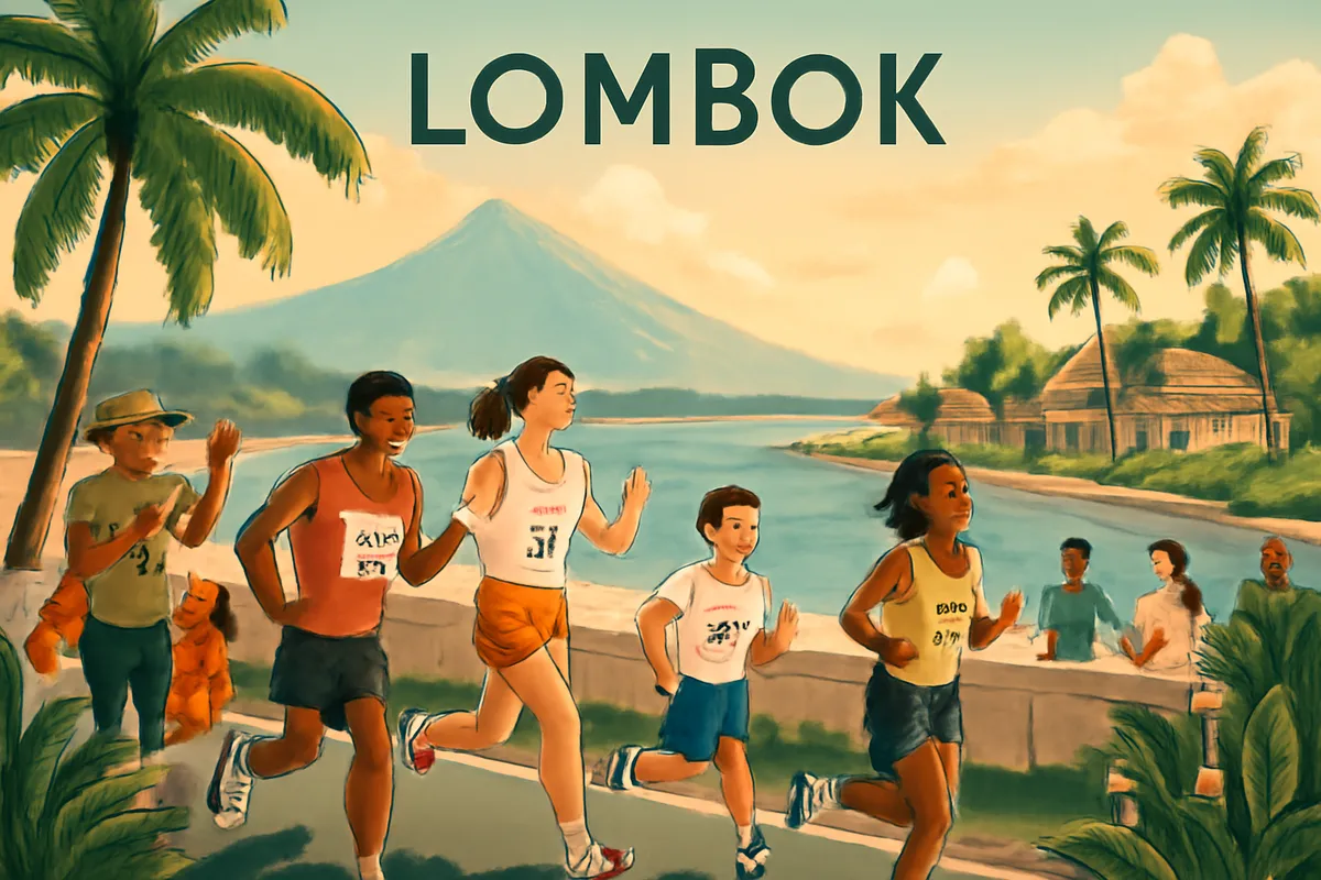 Ilustrasi AI tentang kegiatan lari amal di Lombok dengan nuansa resor pesisir dan peserta komunitas
