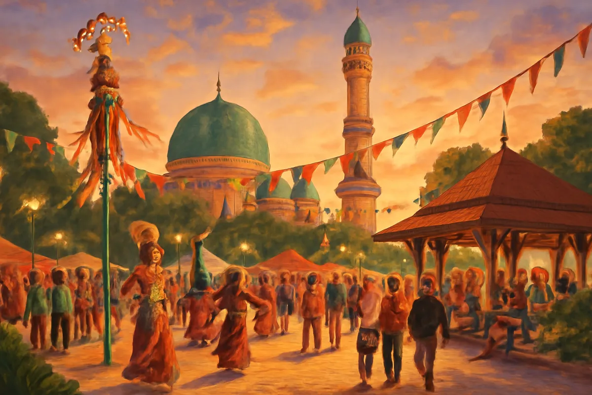 Ilustrasi AI suasana wisata Mataram dengan ruang publik dan nuansa festival budaya Lombok