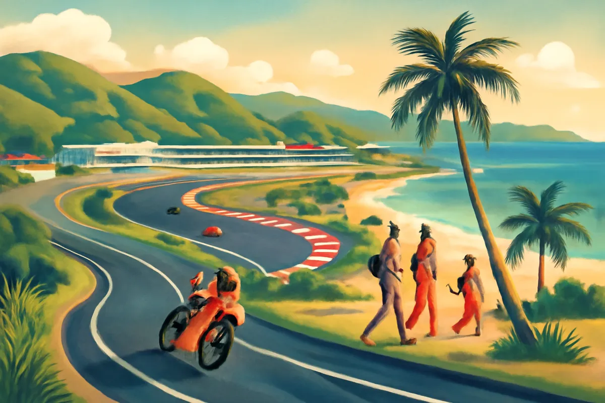 Ilustrasi AI suasana kawasan Mandalika di Lombok dengan nuansa wisata dan balap