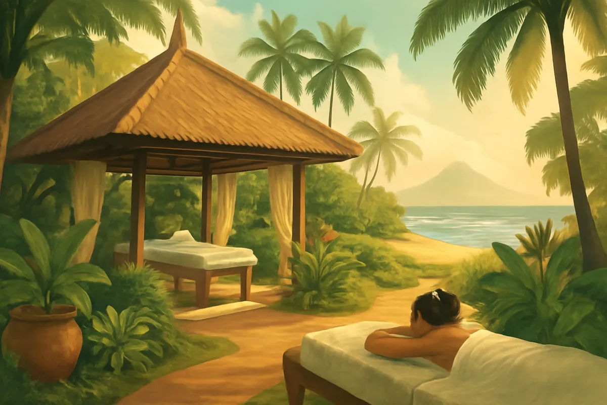 Ilustrasi AI suasana spa dan resor tepi pantai di Lombok dengan taman tropis yang tenang