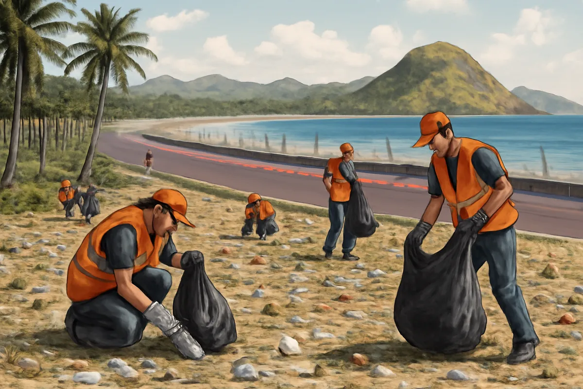 Ilustrasi AI tentang pembersihan sampah di kawasan Mandalika setelah ajang balap