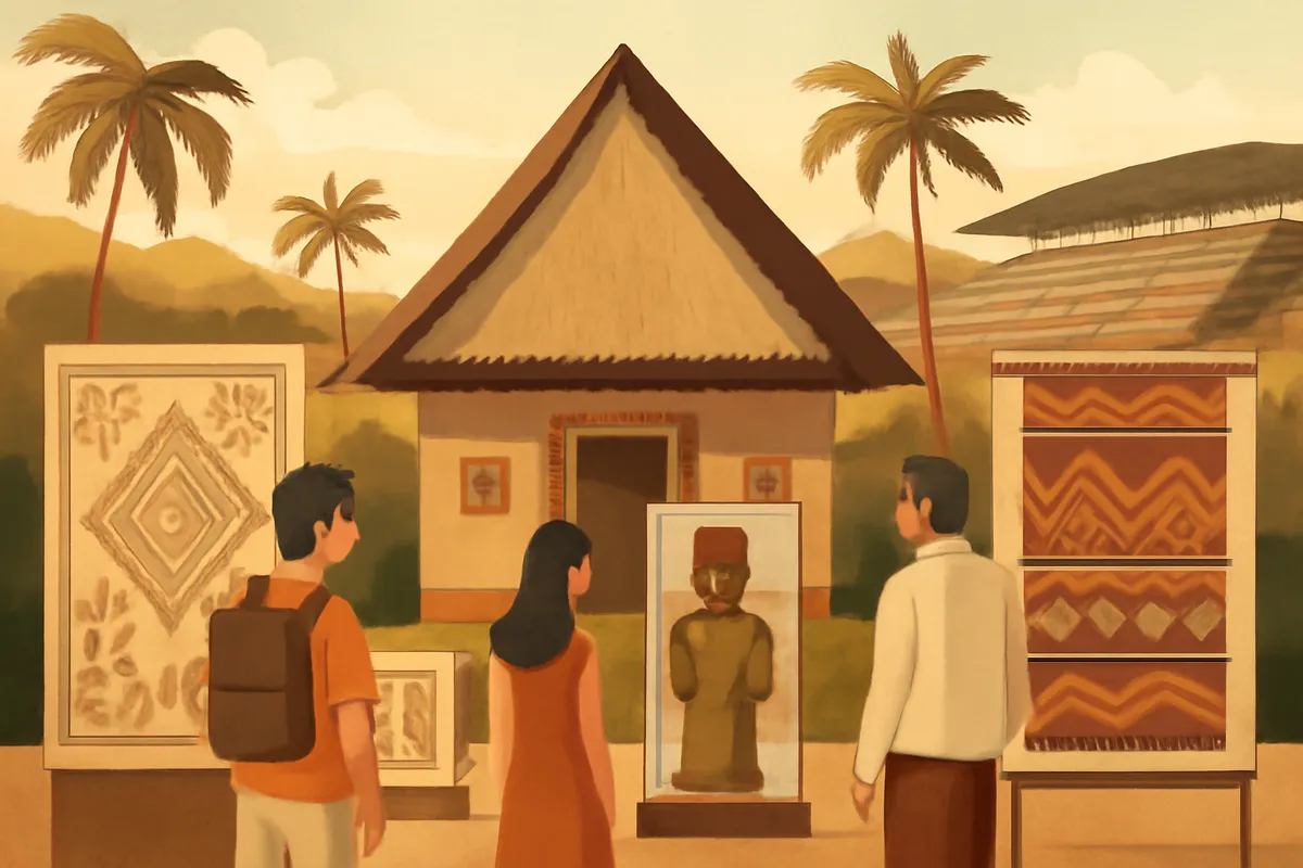 Ilustrasi AI pameran budaya Lombok di kawasan Mandalika dengan nuansa warisan Sasak