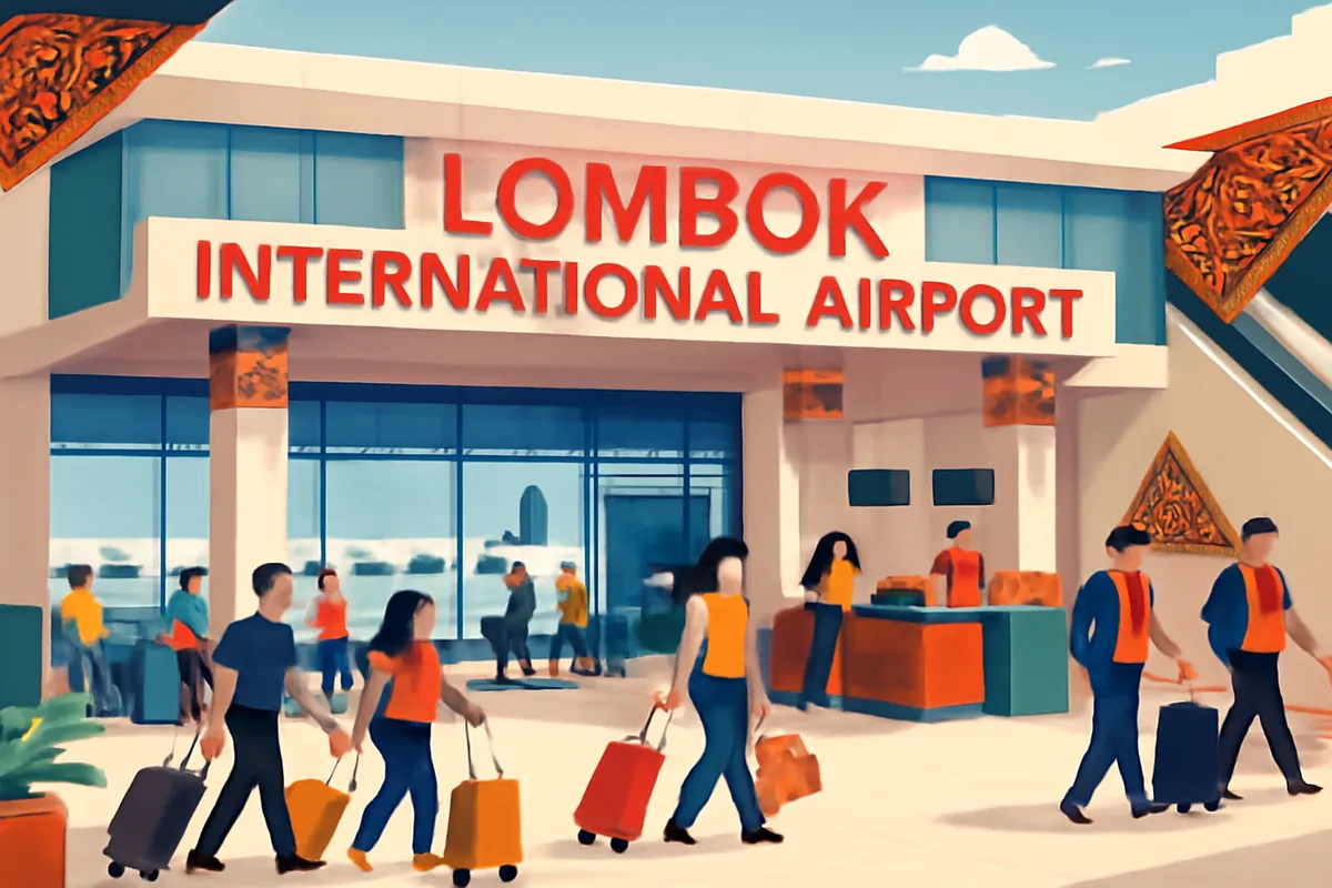 Ilustrasi AI suasana Bandara Lombok dengan nuansa budaya lokal dan dekorasi perjalanan