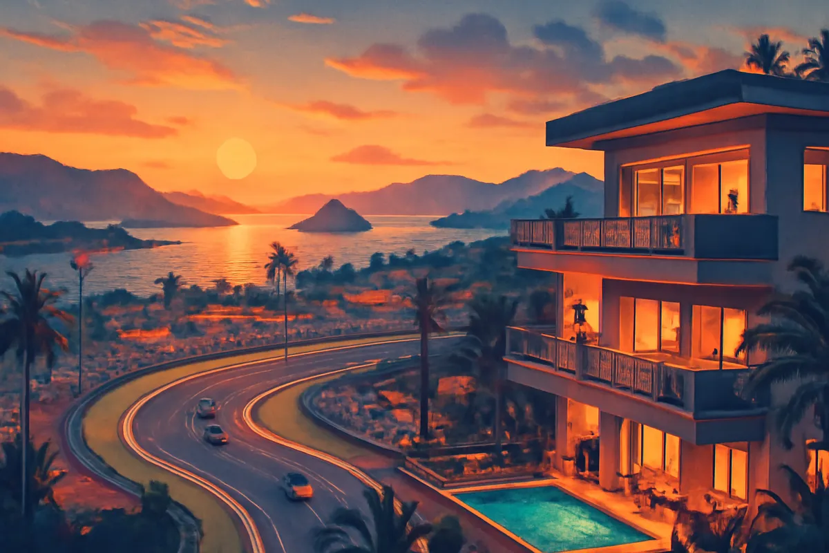 Ilustrasi AI hotel modern di Lombok dengan suasana wisata dan event internasional