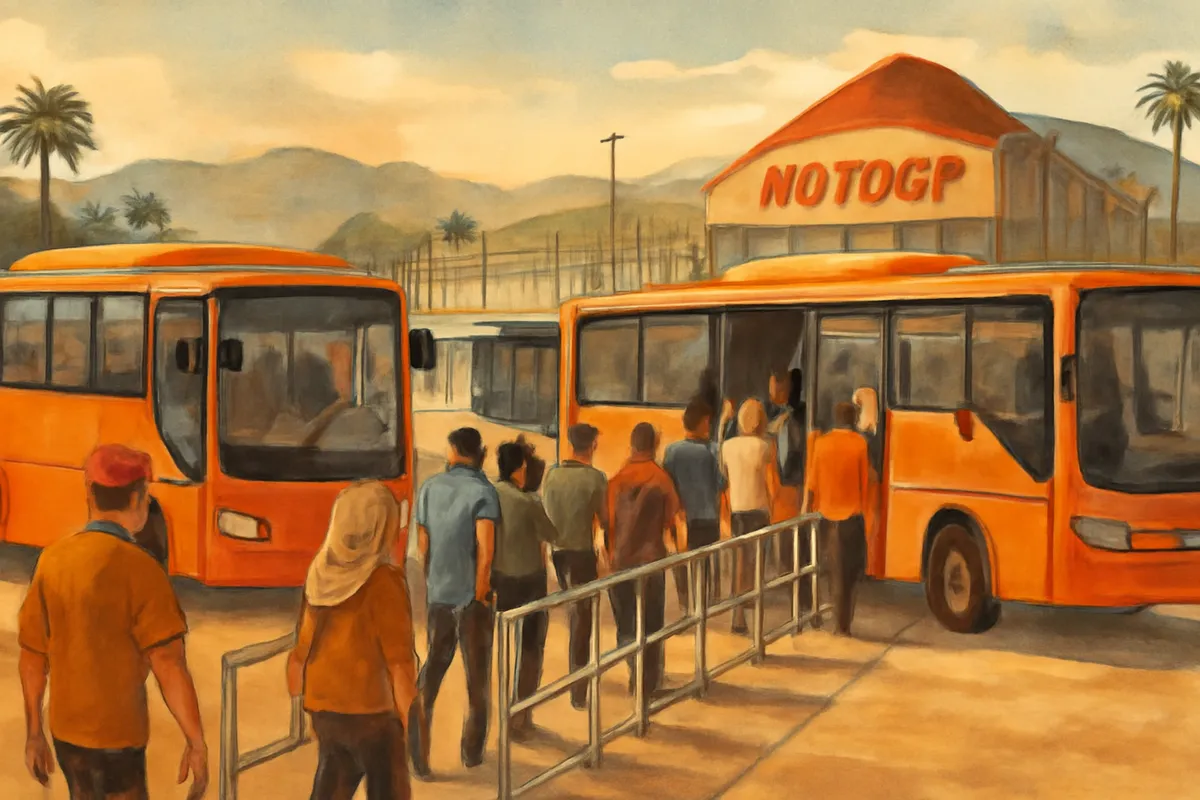 Ilustrasi AI shuttle bus dan arus penonton di Lombok dengan nuansa editorial wisata