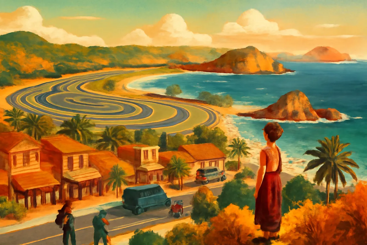 Ilustrasi AI tentang Mandalika dan Lombok dengan nuansa wisata dan aktivitas ekonomi di sekitar kawasan